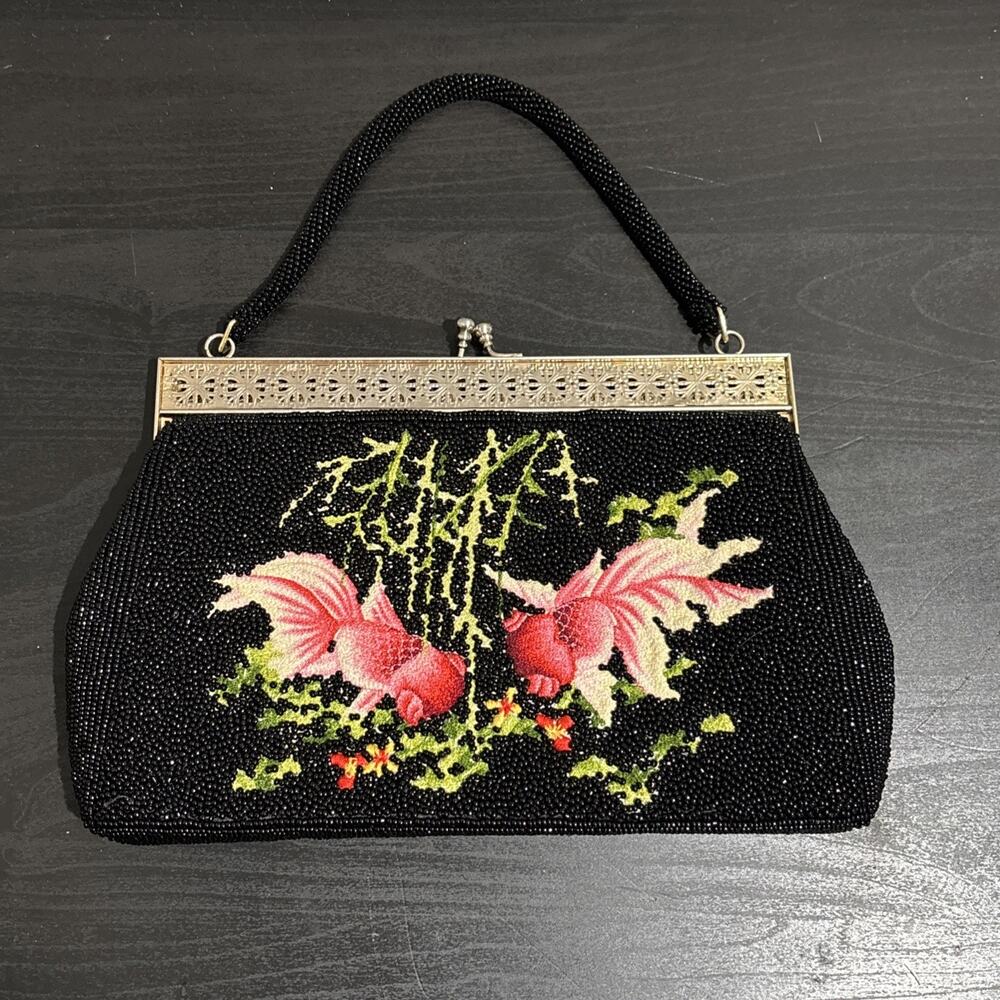 Vintage Black Beaded Clutch Purse Embroidered Fish Beads Metal Frame Evening Bag